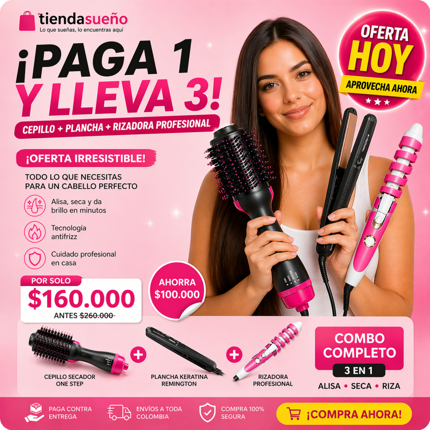 Paga 1 y lleva 3 - Cepillo + Plancha + Rizadora profesional