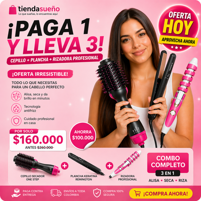 Paga 1 y lleva 3 - Cepillo + Plancha + Rizadora profesional